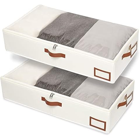 Yawinhe Under Bed Storage, 2 Pack Underbed Storage Box, Collapsible Storage Bag, with Sorting card slot and 4 Leather Handles, for Blanket, Bedding, 31.5''Lx15.7''Wx6''H, Beige Cover