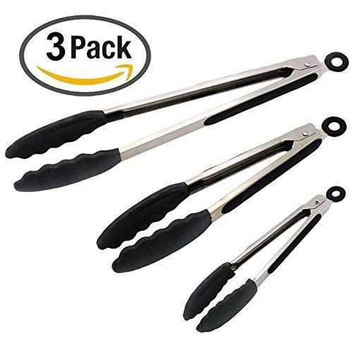 Quipp Tongs 3 Pack Heat Resistant Stainless Steel and Silicone Kitchen Tongs, Food Tongs, Barbecue Tongs, Salad Tongs, Cooking Tongs, Pack of 3