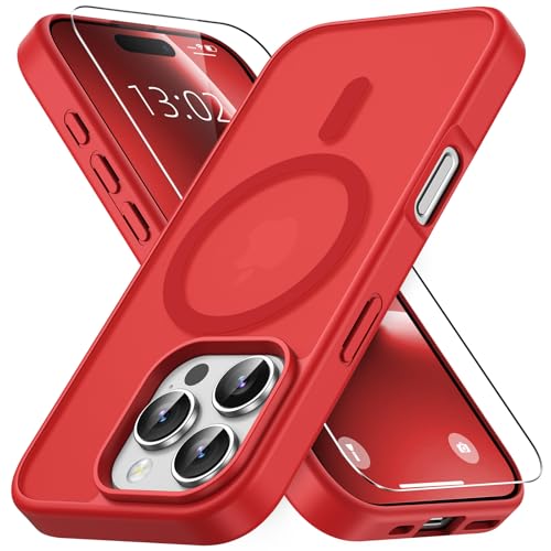 Coque iPhone 16 Pro antichoc militaire MagSafe rouge translucide et film verre