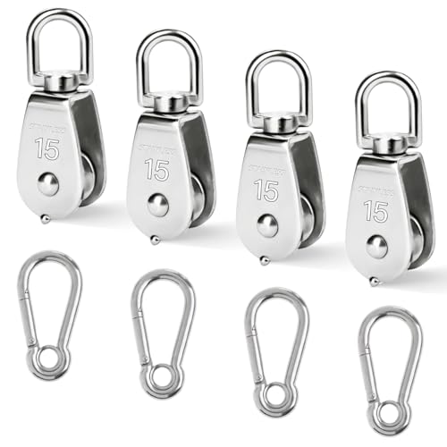 Eulihent 4 Pièces M15 Poulie de Levage Poulie de Renvoi Poulie Simple en Acier Inoxydable 304 Poulie Pivotante avec 4 M4 Mousqueton Poulie pour Cable, Charge...