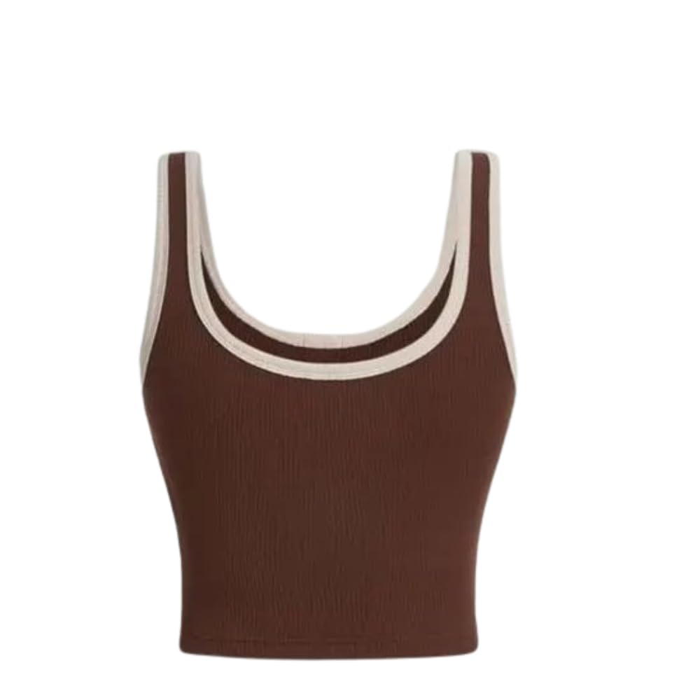 Women's Ribbed Tank Top, Brown with Cream Trim, Button Placket, Fitted Crop Style-image-2