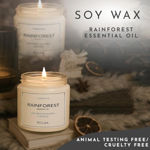 Image of Therapia Relaxing Rainforest Essential Oil Candle |Scented Soy Candle Gift I 200gms Handpoured |More Than 12hrs of Burn| Aromatherapy for Calmness and Home spa