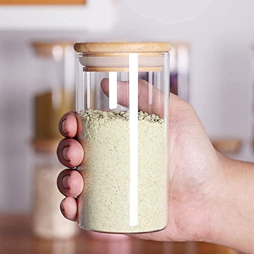 Image of Borosilicate Spice Jars with Airtight Bamboo Lid Kitchen Food Storage Container Set with Natural Bamboo Lids For Candy, Rice, Sugar, Flour, Pasta, Nuts (320ML JARS, 6 PCS, Transparent)