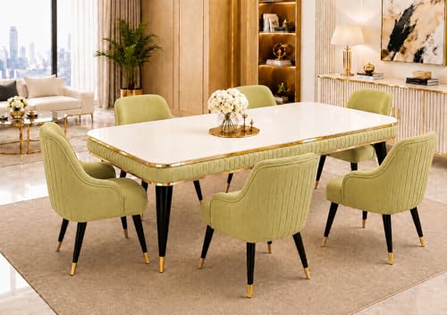 Image of WOODEN SPACE 6-Seater Wooden Dining Table Set | Nano Composite Marble Top | Solid Wood Base | Modern Dining Room Furniture with 6 Chairs (Light Green Modern Zyro)