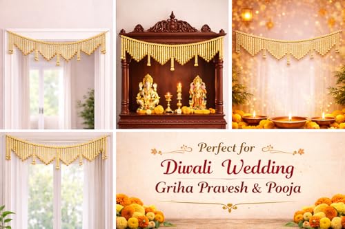 Image of Decorative Golden Beads Toran for Door | Handmade Look Hanging Bandarwal | 3 Feet Length | Lightweight & Reusable Festive Home Decor for Diwali, Pooja & Wedding