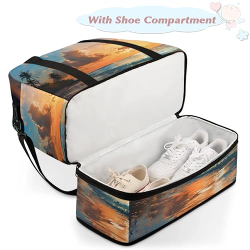 Large Weekender Overnight Bags Ocean Beach Sunset Travel Duffel Bag for Women Men Gym Bag With Shoe Compartment Foldie Travel Tote Bag Carry On Personal Item Bag for Travel Gym Sports4