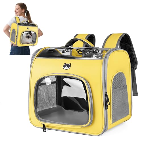 ALLSOPETS Foldable Cat Carrier Backpack with Bubble Window and Safety Hook, Breathable Pet Backpack for Small Dogs and Cats, Ideal for Travel Hiking Walking (Lemon Yellow)