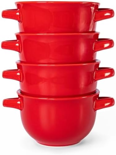 KooK French Onion Soup Crocks with Handles, Ceramic Bowls, for Rice, Dessert, Pasta, Dishwasher, Microwave, Oven & Broil Safe, Red, Set of 4, 18 oz, Red - Image 3