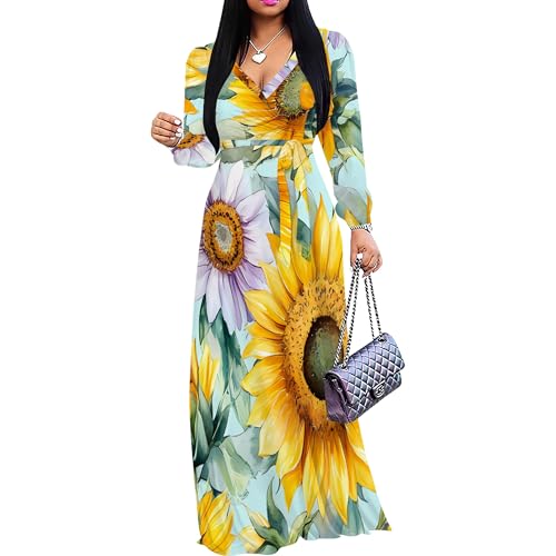 Autumn Floral Print Sunflower Pattern Casual Long Sleeve Deep V-Neck Casual  Floor Length Maxi Dress for Women with Belt at Amazon Women's Clothing store