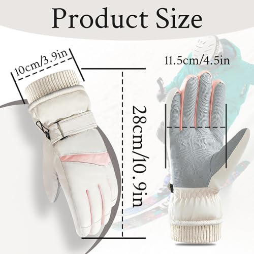 Feelorna Guantes de esquí para Mujer, Guantes térmicos con Pantalla táctil a Prueba de Viento Superficie Impermeable y Forro Polar Guantes cálidos de Invierno para Esquiar Ciclismo (Blanco) - imagen 2