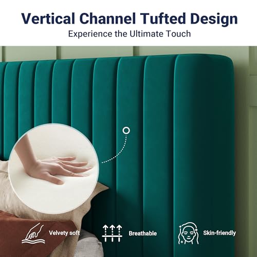 Image of Allewie Twin Bed Frame, Velvet Upholstered Platform Bed with Adjustable Vertical Channel Tufted Headboard, Mattress Foundation with Strong Wooden Slats, Box Spring Optional, Easy Assembly, Teal
