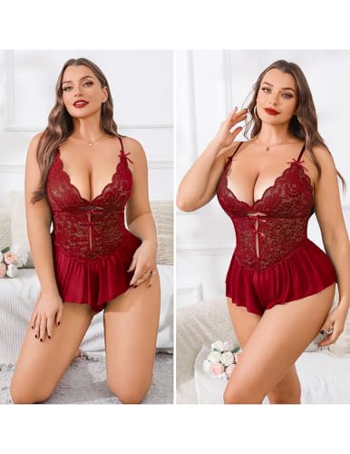 Kolagri Plus Size Lingerie for Women Sexy Lace Bodysuit V Neck Teddy Babydoll Mesh Chemise Sleepwear3