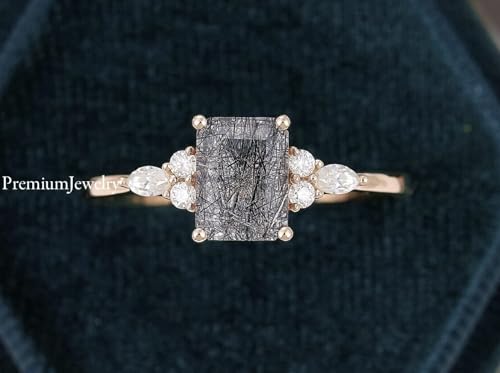 Emerald Cut Black Rutilated Quartz Ring, Delicate Cz Engagement Ring, Wedding Ring Set for Women, Christmas Gift, Bridal Ring, 925 Sterling Silver Ring2