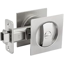 goldenwarm Brushed Nickel Square Pocket Door Lock, Pocket Door Hardware for 2-1/8 Round Bore Hole, Pocket Door Handles Fit 1-1/4 to 2 Thickness Sliding Door 2-3/8 Latch 1 Pack