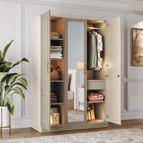 Image of Wakefit Wardrobe for Bedroom | 3 Yr Warranty | Cupboard for Bedroom, Almirah, Wooden Wardrobe, Comes with LED light, Storage Drawer, Mirror & Hanger, Density:680-750kg /m, Free Installation(Tyrian-CB)