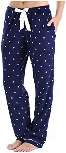 PajamaMania Women's Fleece Pajama Pants with Satin Drawstring, Navy and White Polka Dot, 2X