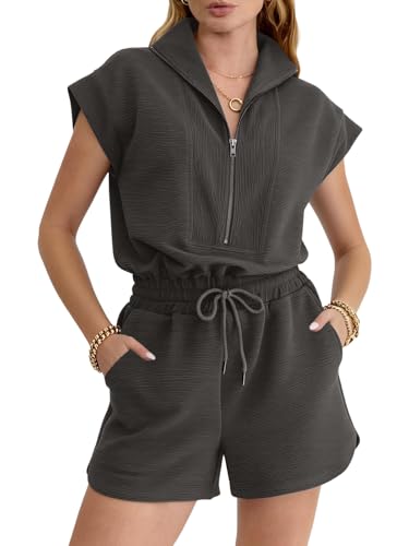 Image of Rompers for Women Summer Short Sleeve Half Zip Lapel Collar Jumpsuit Casual Drawstring One Piece Outfits with Pockets
