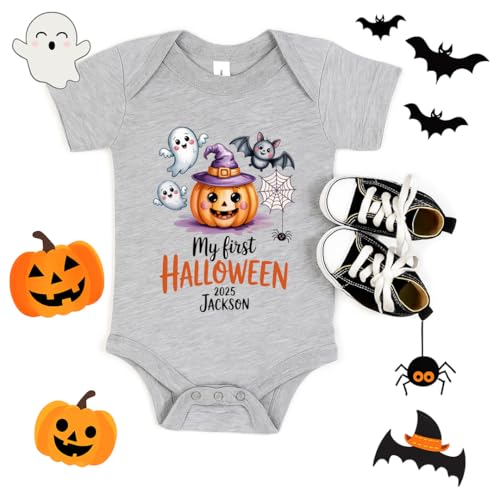 Personalized My First Halloween Baby Romper, 2025 Pumpkin Ghost Bodysuit for Boys Girls, Cute Fall Baby Outfit2