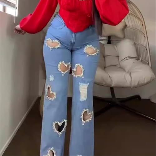 Women's Y2K Straight Leg Jeans High Waist Heart Cutout Rhinestone Baggy Trousers4