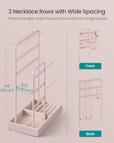 Image of SONGMICS Necklace Holder, Jewelry Stand Holder Organizer, Jewelry Display with Metal Frame, Velvet Tray, Earring Bracelet Holder, for Gift Idea, 4.5 x 7.7 x 12.1 inch, Jelly Pink UJJS021R01