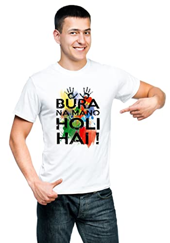Image of Knitted Polycotton Fabric Regular Fit Men Boys Half Sleeve T-Shirt for Festival of Holi Style 21 White Size : Free