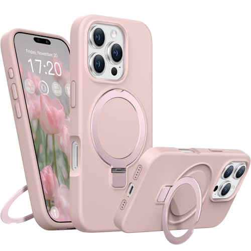 BENTIACC Liquid Silicone Case for iPhone 16 Pro Magnetic Rugged Stand Ring 4-Layer Shockproof Protective Case Soft Microfibre Lining Scratch Resistant (Pink)