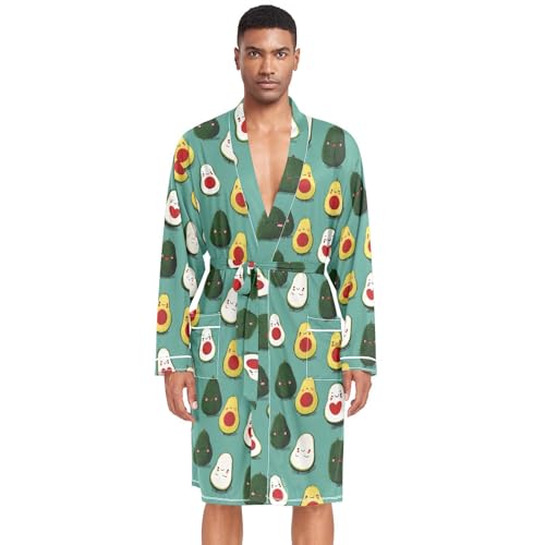 Long Sleeve Sleep Robes for Men-Avocado Cartoon, Lightweight Bathrobe with Belt Pockets M