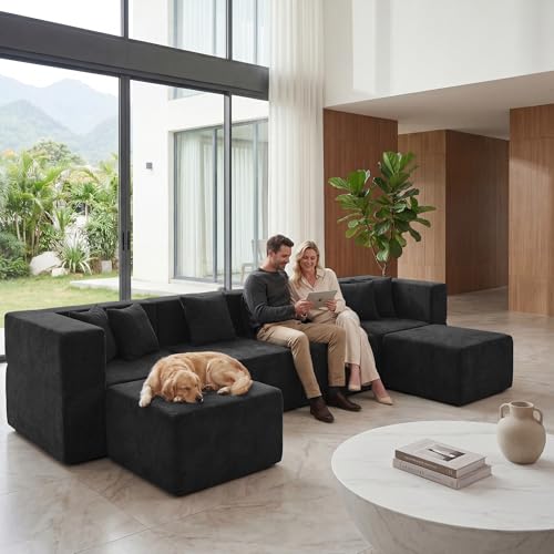 Image of MONVANE 130'' Oversized Boneless Sectional Couches for Living Room, 6-Seat U Shaped Cloud Couch, Modular Sofa with Ottoman & 6 Throw Pillows, Comfy Chenille, No Assembly Required, Black
