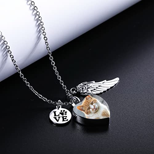 INBLUE Personalisierte Urnen Halskette für Asche, Pfotenabdruck Herz Edelstahl Anhänger, Gravur Foto Hund Katze Name, Feuerbestattung Schmuck für Damen Herren mit Trichter Set, Engelsflügeln