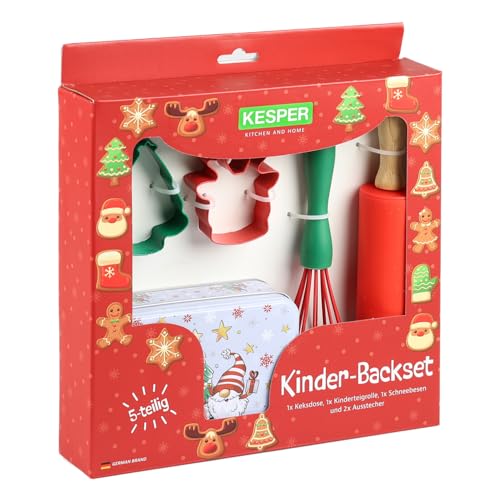 KESPER Kit de pâtisserie pour enfants 5 pièces – Rouleau à pâtisserie, fouet, 2 emporte-pièces et boîte à biscuits | Kit de pâtisserie de Noël pour...