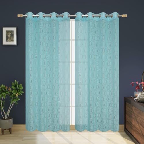 Image of Fabrilia Polyester Sheer Net Damask Design Semi Transparent Eyelet Long Door Curtains 9 feet Set of 2- Aqua Blue
