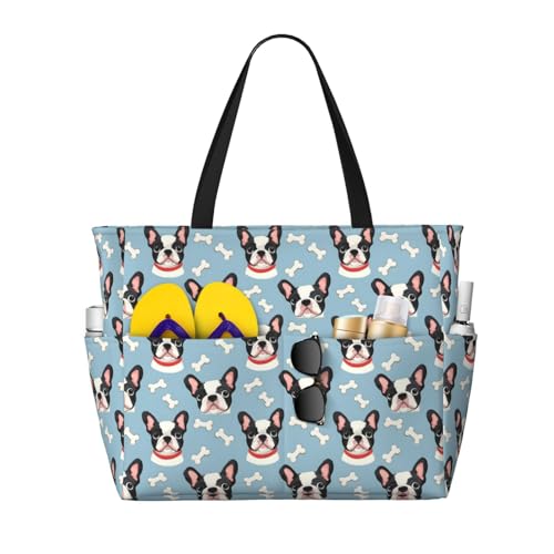 Large Beach Bags for Women Sandproof - Cute French Bulldog Print Q Summer Work Travel Tote Bags with Zipper