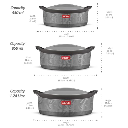 Image of Milton Evoke Jr. Gift Set PU Insulated Inner Stainless Steel Casserole, Set of 3 (450 ml,850 ml,1240 ml), Grey, BPA Free, Food Grade, Hot and Cold, Easy to Carry, Easy to Store,Chapati,Roti,Curd Maker