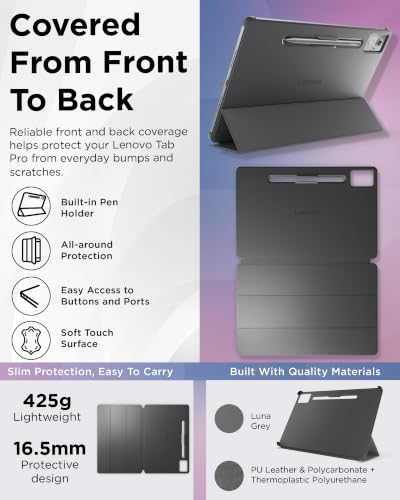 Image of Lenovo Folio Case for Idea Tab Pro, Protective Tablet Cover with Built in Pen Holder, Sleep /Wake Function & Convertible Stand, PU Leather Case, Luna Grey