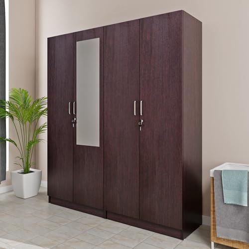 Image of VIKI Wardrobe | Wooden Almirah for 4 Door Fully Shelves Mirror Wardrobe (Dark Wenge - 40D x 160W x 180.8H) | 1 Year Warranty | Free Assembly