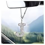 DXNQ Bling Initial Car Rear View Mirror Ornament, Crystal Sparkling Cute Letter Charm Pendant Auto Decor, Hanging Lucky Diamond Initial Charm Car Mirror Bag Ornament for Girl Women (Letter J)