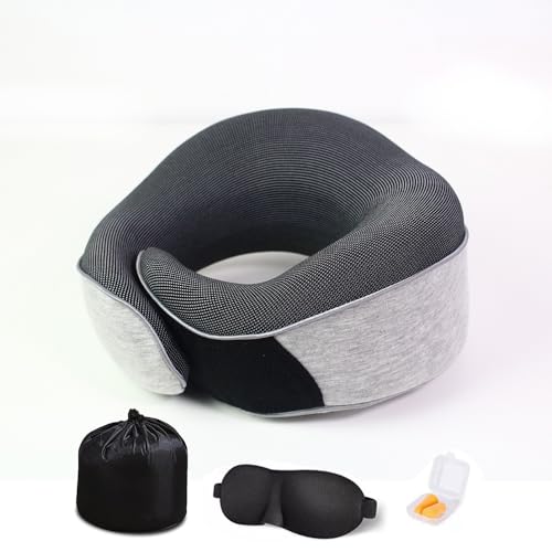Almohada de viaje, Almohada cervical, Almohada cervical de espuma con memoria, Almohada en forma de U Soporte cervical de 360 grados con bolsa de viaje, antifaz y tapones para los oídos (Light Gray)