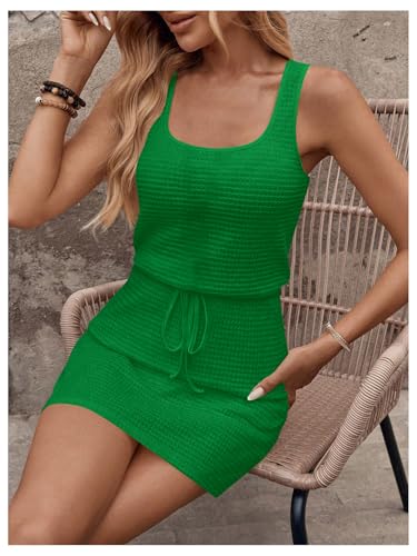 Image of RoseSeek Women's Waffle Knit Belted Tank A Line High Waisted Dresses Square Neck Sleeveless Summer Short Dress