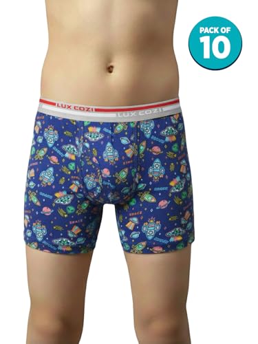 Image of Lux Cozi Boy's Super Combed Cotton Outer Elastic Long Printed Trunk for Kids | Color and Print May Vary | Pack of 10
