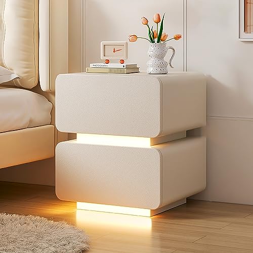 Table de chevet LED moderne grise avec 2 ders tiroirs facile à assembler