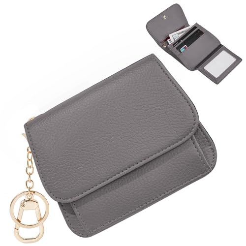 Image of Women Small Wallet RFID Blocking Slim Wallet with Coin Pocket Tri-Fold Credit Card Holder with ID Window and Keychain (Grey)