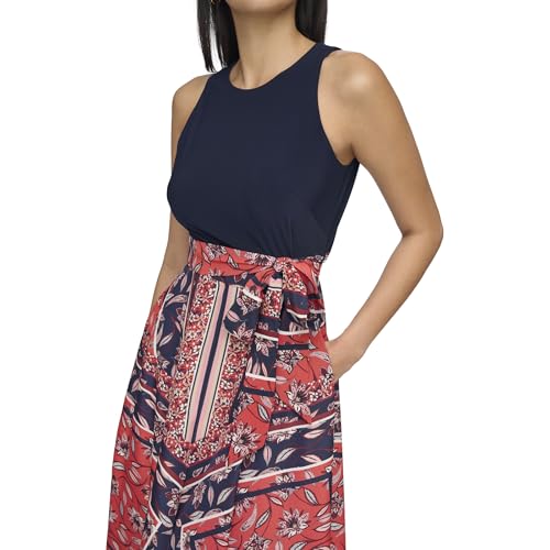 Image of Vince Camuto Women's Sleeveless High Neck Tie Waist Handkerchief Midi Dress