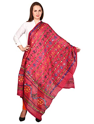 Vastraa Fusion Cotton Floral Dupatta for Women Design With Traditional Kutchi Work Embroidery Stole - Pink Colour