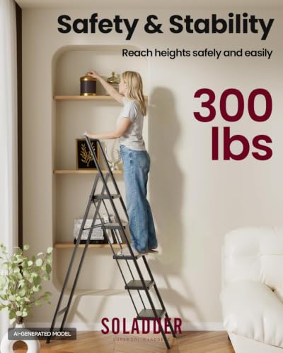 Image of SOLADDER 5 Step Ladder, Folding Step Stool, Lightweight Stepladder, Black | Reach 10ft;Anti-Slip 7.9'' Wide Pedal;Portable Handrail;Space-Saving;For Kitchen, Home, Library, Office Use;300lbs Capacity