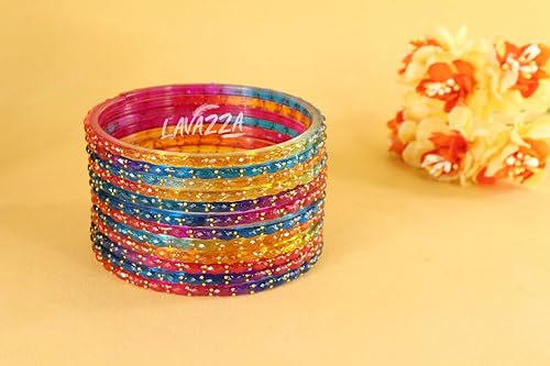 Image of LAVAZZA Raindrop Glass Bangles Set For Women & Girls with Zircon Diamond Stone & Beads | Trendy Transparent Crystal Glass Bangles | Fancy Kanch ki Chudi Set | Bangles for Wedding, Party- Set of 12