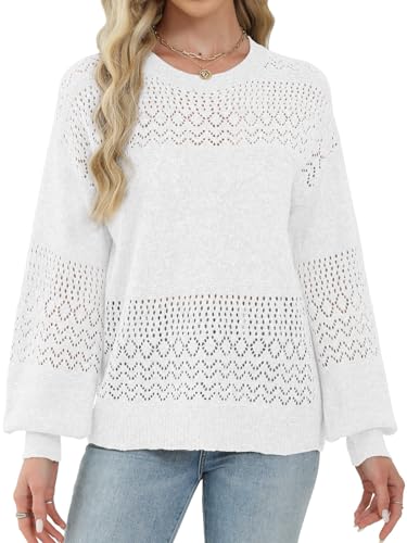 Image of Lylinan Womens Sweaters Casual Boho Long Sleeve Shirts Crewneck Lightweight Crochet Tops Pullover Knit Sweater