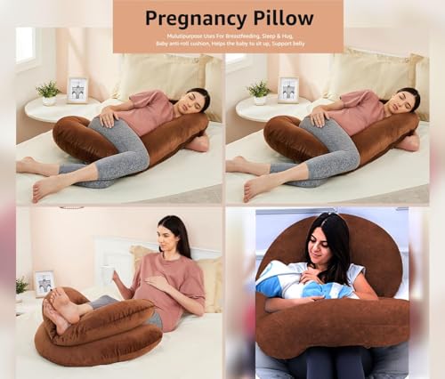 Image of Amazon Basics Full Body Pregnancy Pillow for Maternity, Baby Nursing, Full Body Support -Abdomen,Hip, Spine, Neck& Leg Support Cushion| Perfect Baby Shower Gift |C-Shaped-Washable Cover with Zip-Brown