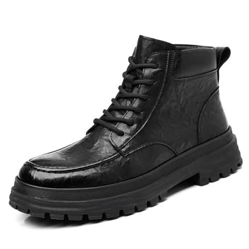Men's Leather Lace-Up Platform Motorcycle Boots Vintage Round Toe Lug Sole Non-Slip Chunky Heel Chukka Boots Waterproof Casual Formal Business Work Booties