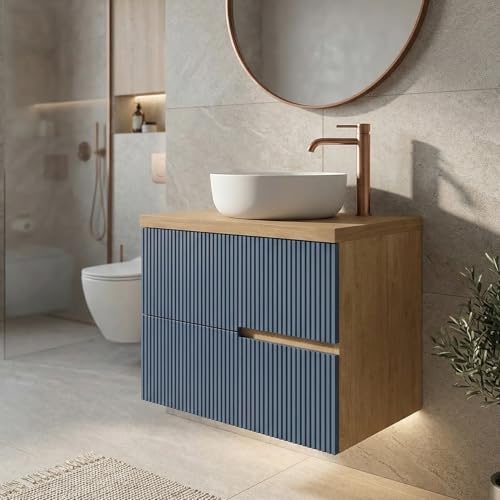 SANIVERRE EVA Meuble Vasque à Poser Suspendu L.60 cm Chêne Naturel 2 Tiroirs Bleu Mer Cannelé (sans Colonne) Salle de Bain