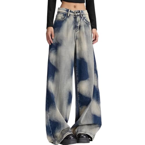 Gothic Y2K Women's Jeans High Waisted Wide Leg Vintage Sides Tie-Dye Baggy Straight Leg Denim Pants